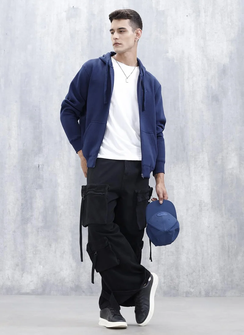 روجن Men’s Solid Zip-Up Hoodie Sweatshirt | Blue